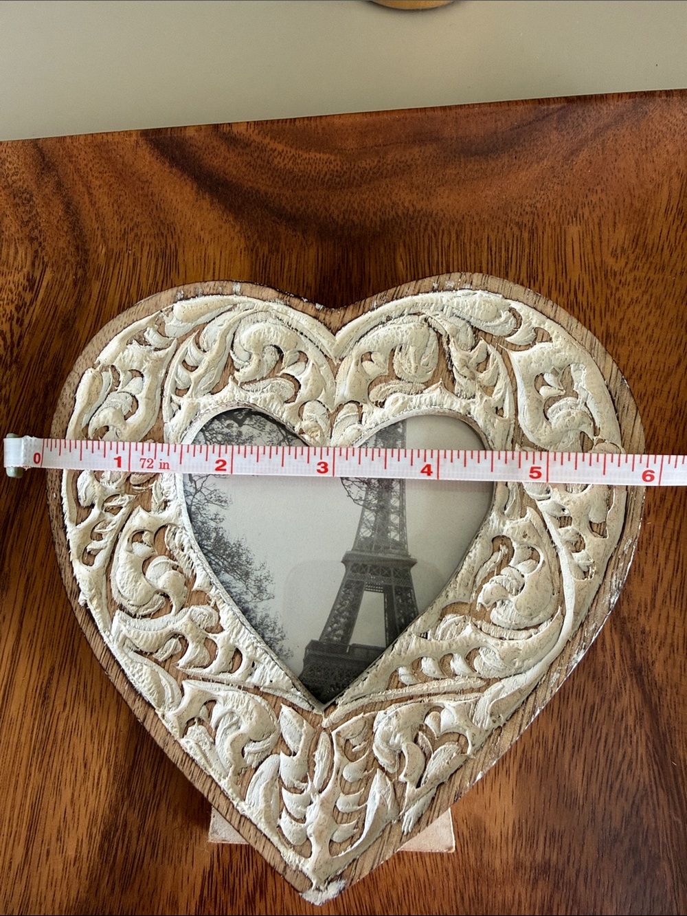 Heart-Shaped Distressed Carved Wood Photo Frame in Boho/Cottage/French Country - Picture 9 of 10